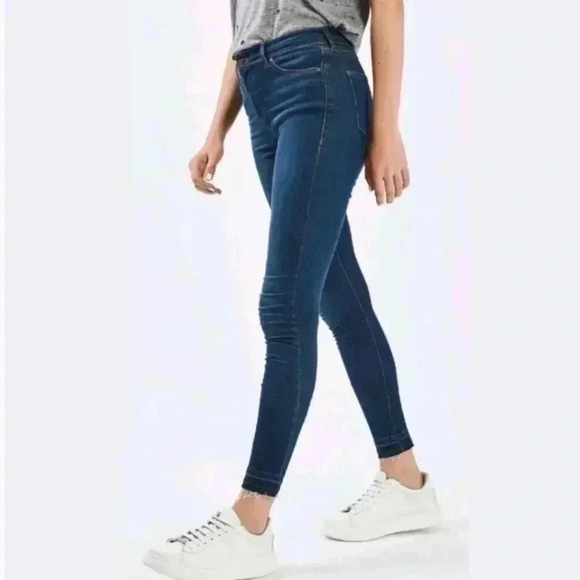 Topshop Moto Leigh Skinny Jeans Ankle Cropped Mid Rise Raw Hem Dark Wash Blue 26 - Picture 4 of 15